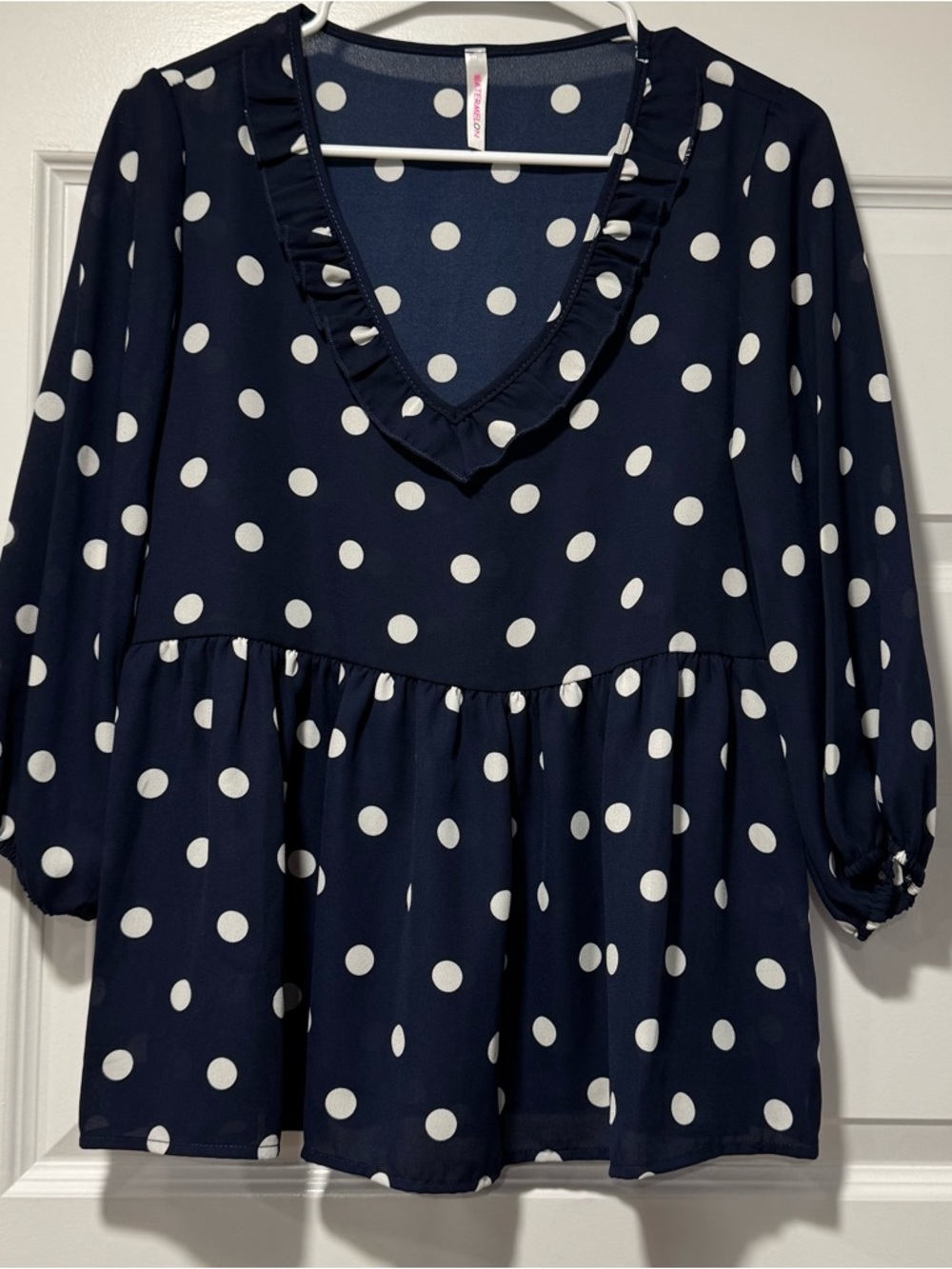 Ruffled V-Neck Polka Dot Peplum Blouse - Navy - Picture 2 of 10